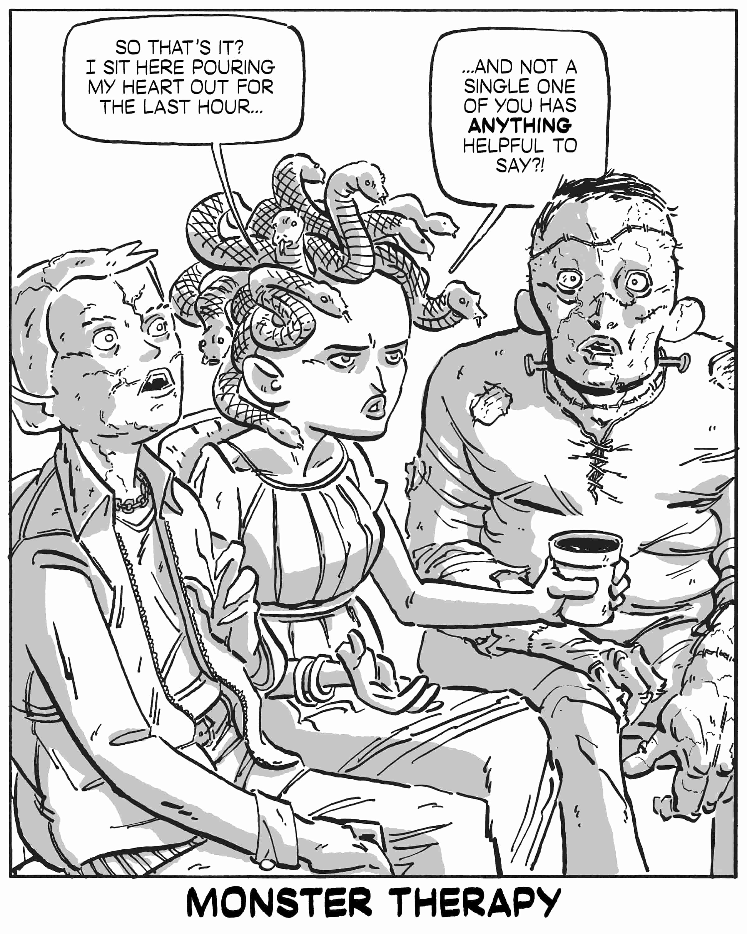 A single-panel comic featuring Medusa in a very unproductive therapy session.
