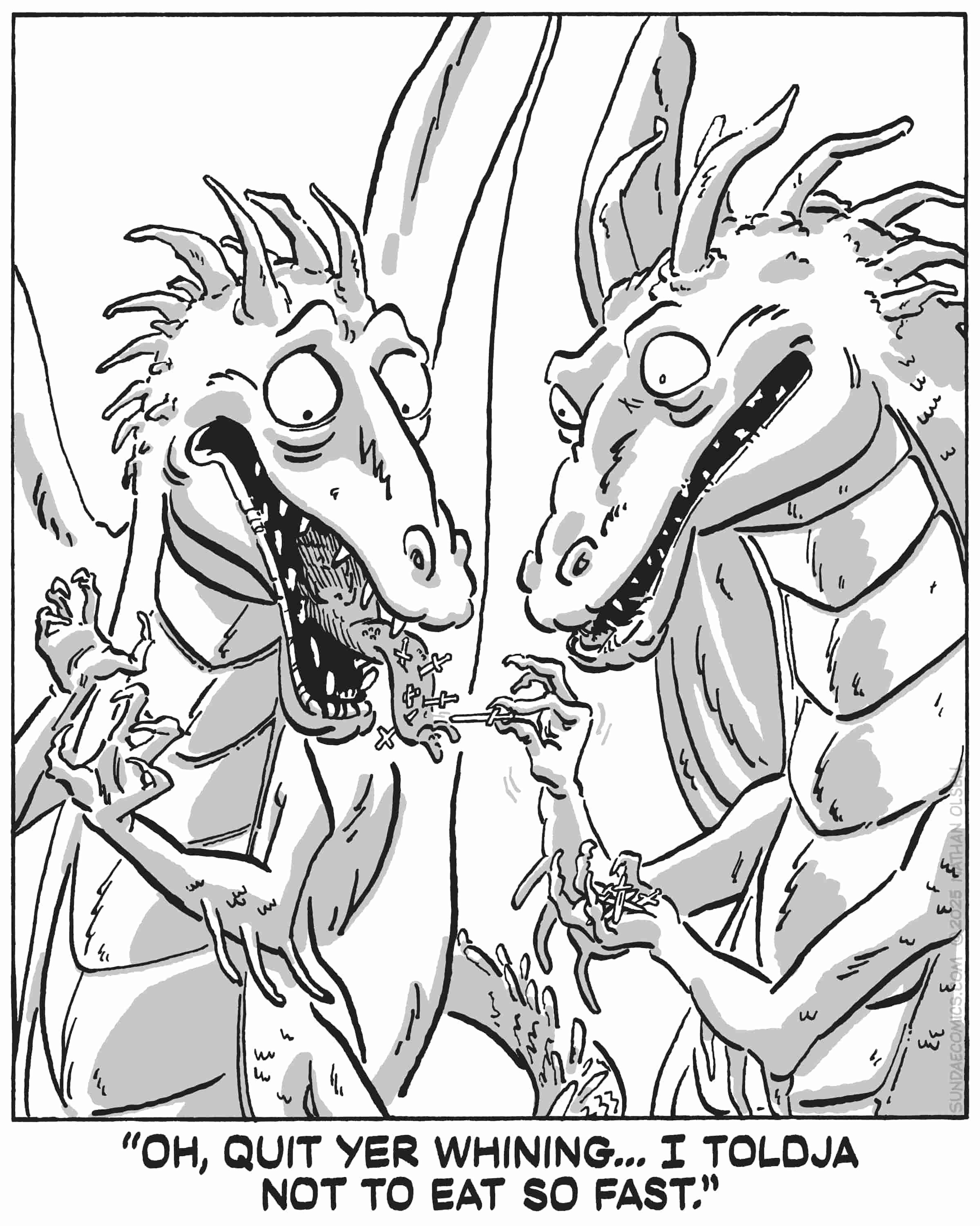 A single-panel comic featuring two dragons mid-meal. One dragon scolds the other for eating too quickly.