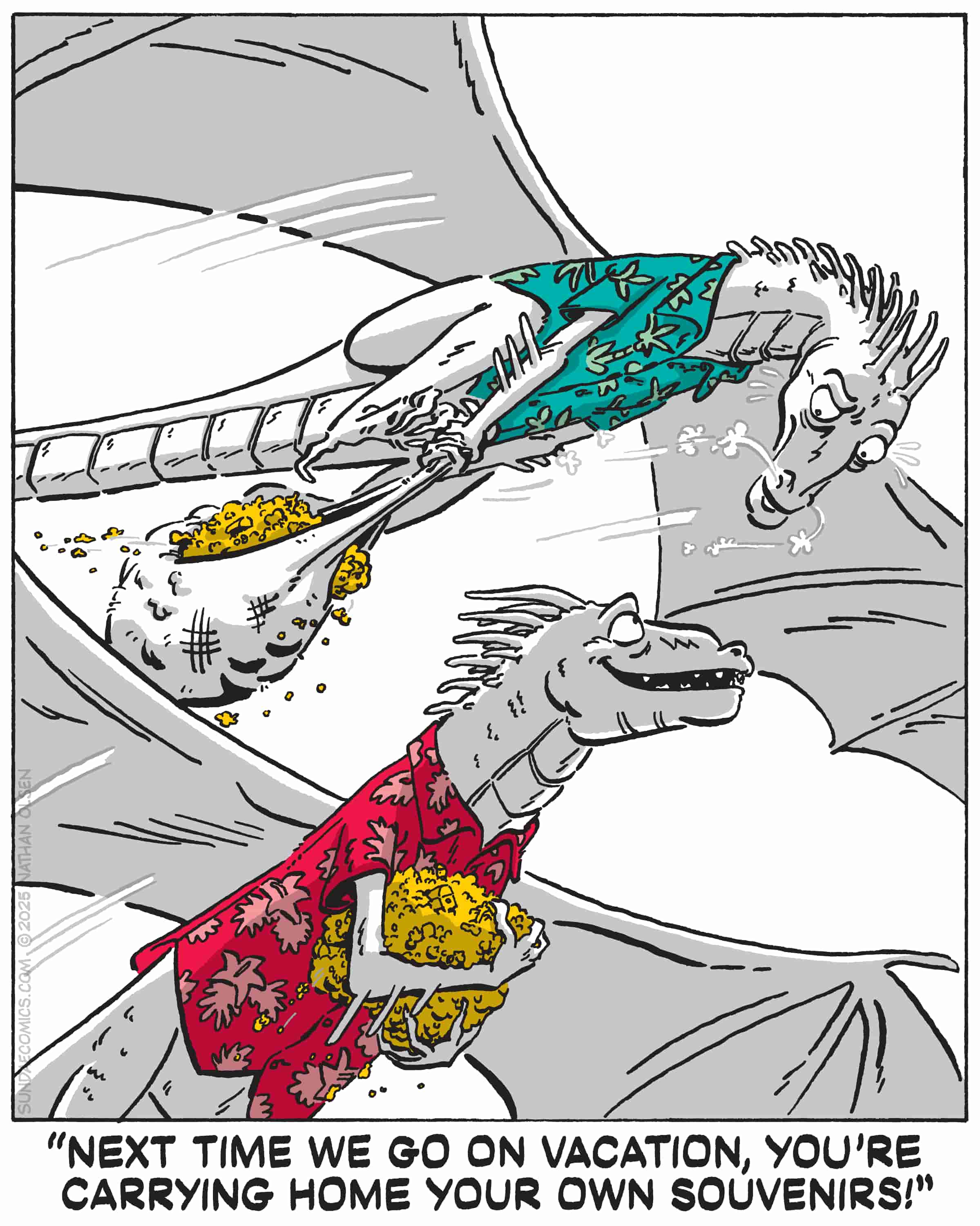 Two vacationing dragons deal with the consequences of excessive treasure collecting.